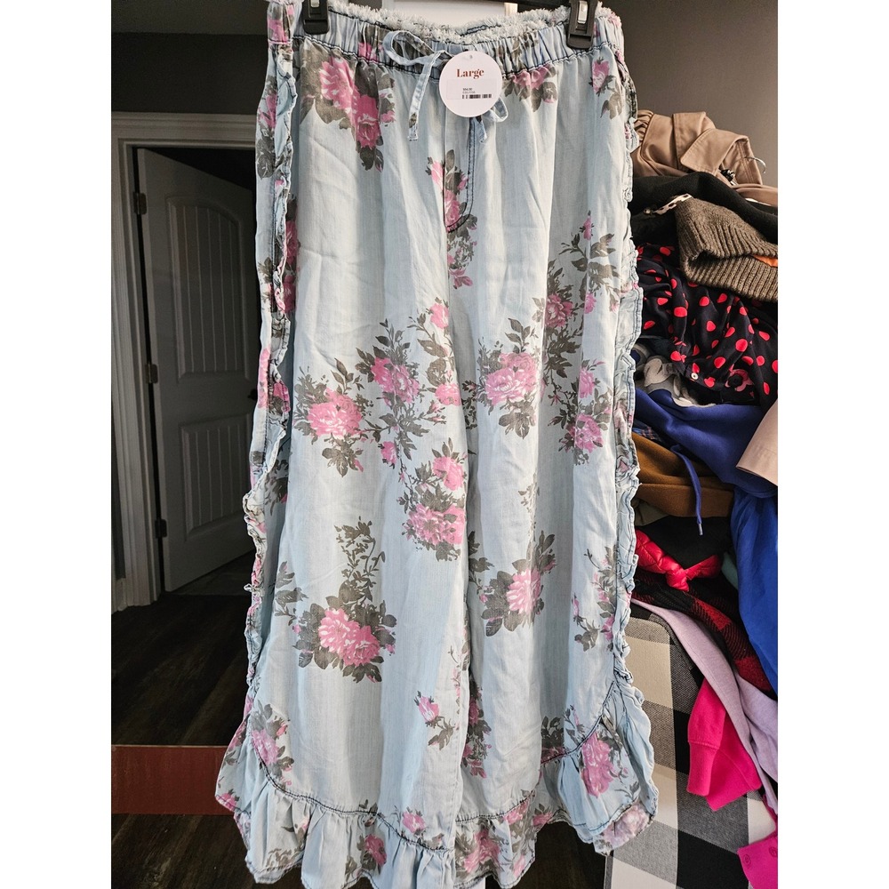 Easel Womens Floral Wide Leg Ruffle Pants Light Blue Pink EB57056 Large NWT